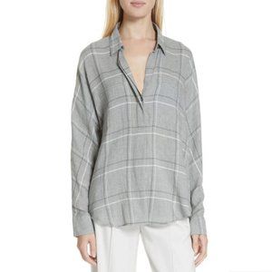 Vince Grey Bar Plaid Cotton Blend Popover Blouse